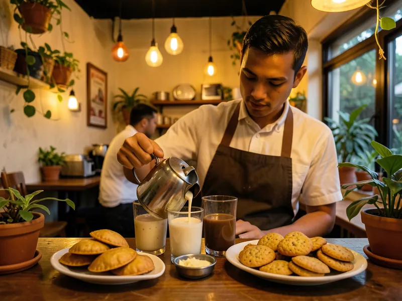 A café worker pouring milk tea into glasses beside plates of snacks. A picture made with AI.