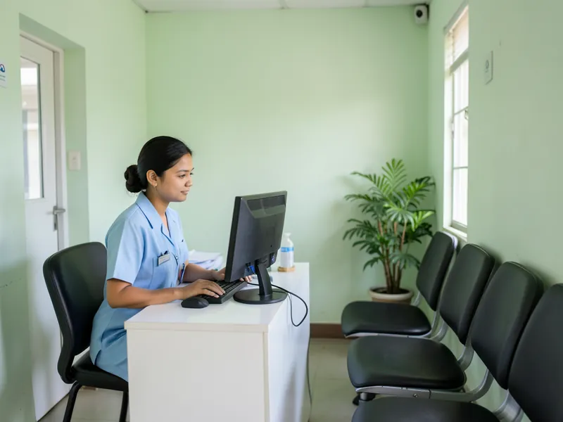 A receptionist at a small clinic desk with waiting chairs. A picture made with AI.