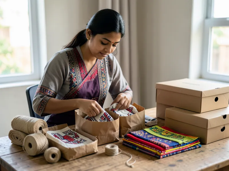 A young woman packing printed cotton scarves into paper parcels at home. A picture made with AI.