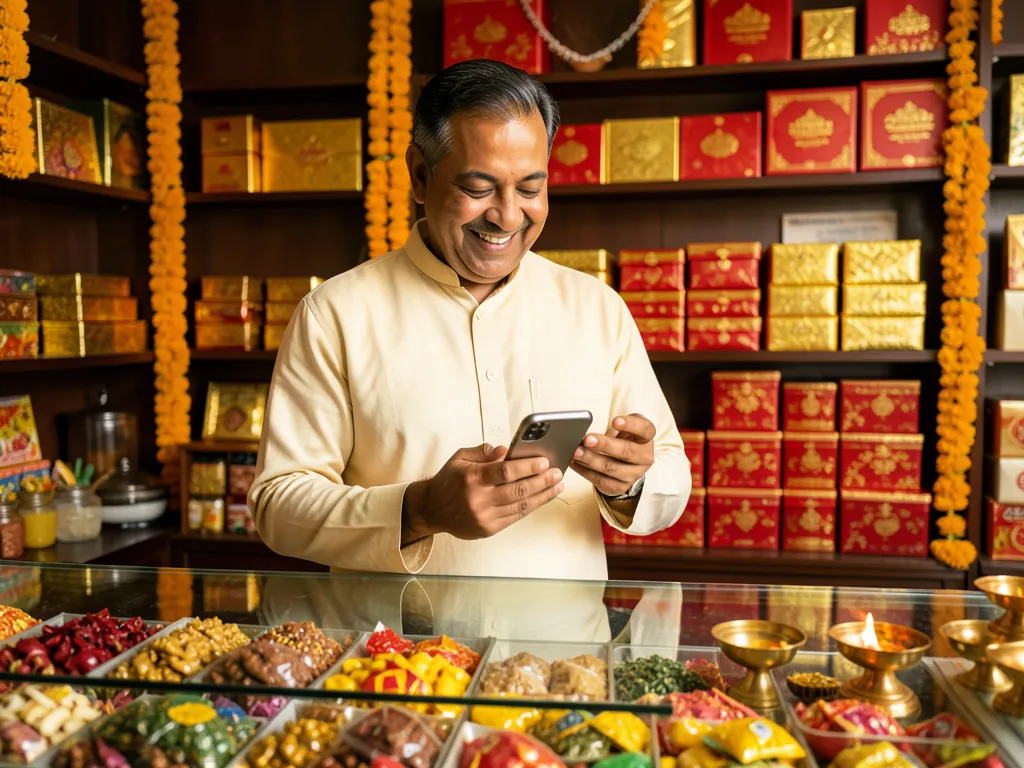 A smiling sweet-shop owner behind a glass counter of mithai at Diwali, reading his phone. Gift boxes and marigold garlands behind him. A picture made with AI, not a real shop.