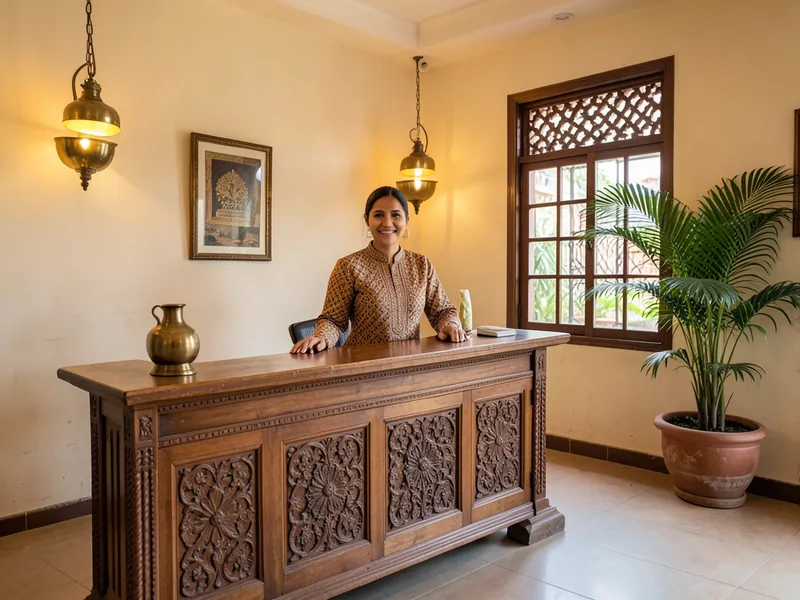 A smiling receptionist at a carved wooden desk in a heritage hotel lobby. A picture made with AI.