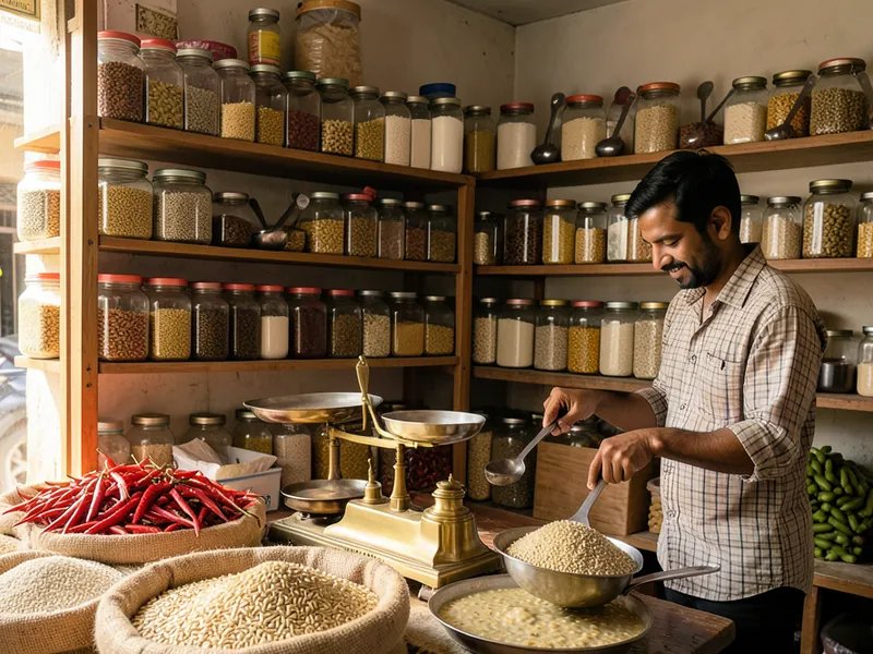 A kirana shopkeeper scooping grain beside jars of lentils and a brass weighing scale. A picture made with AI.