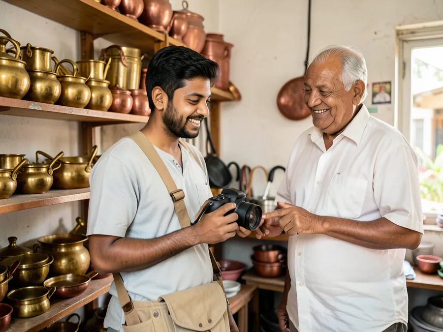 A young man with a camera photographing brass and copper utensils in a small shop while the elderly owner points at the shelves. A picture made with AI.