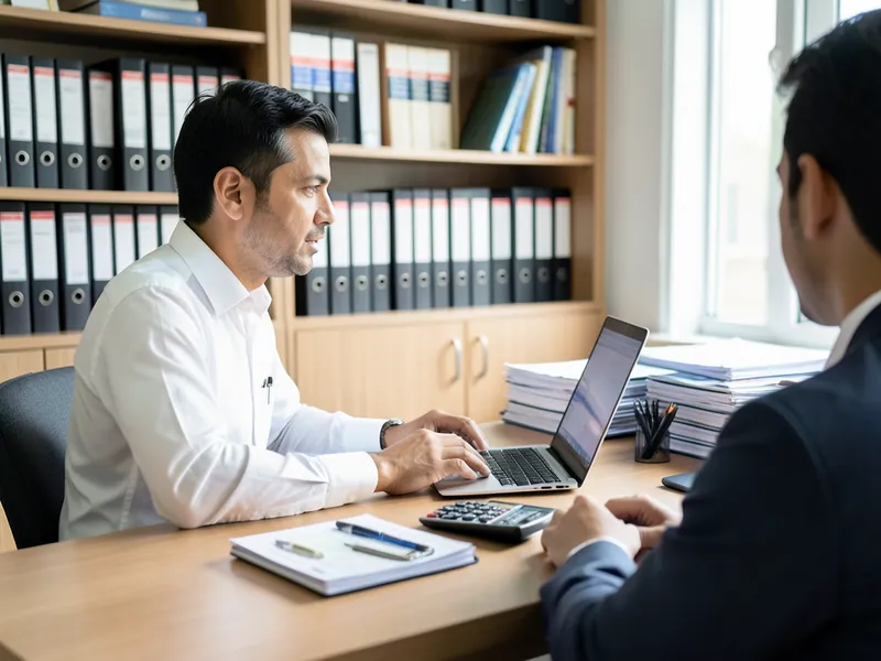A chartered accountant at his desk with a laptop, files and a calculator, talking to a client. A picture made with AI.
