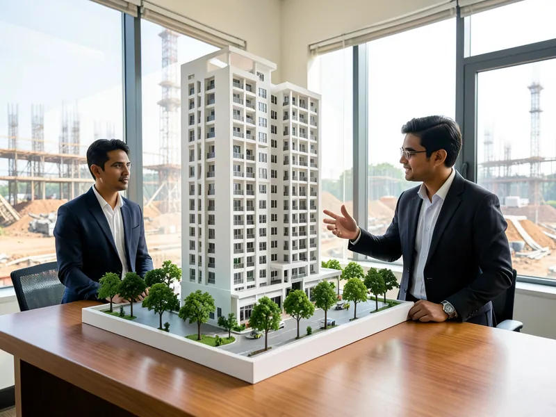 A property consultant explaining a scale model of an apartment tower to a buyer. A picture made with AI.