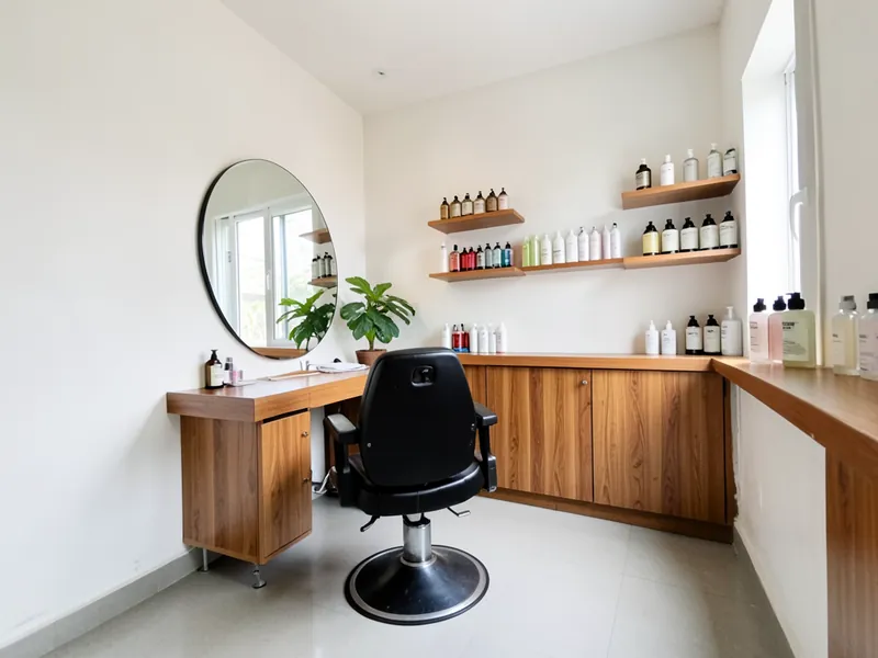 An empty styling chair facing a round mirror in a small salon. A picture made with AI.