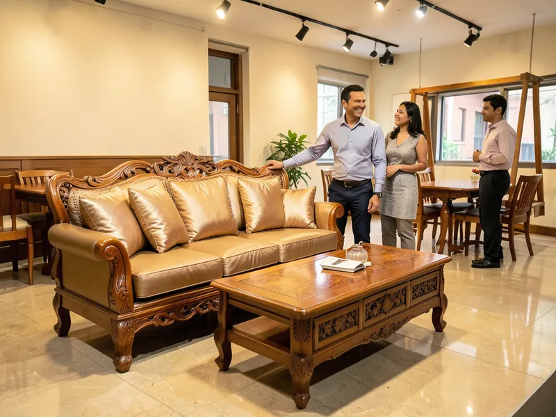 A salesman showing a carved teak sofa set to a couple in a furniture showroom. A picture made with AI.